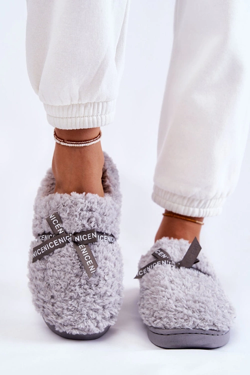 Damskie Futrzane Papcie Z Kokardką Szare Ryana