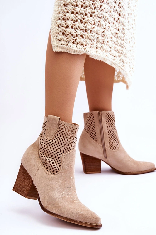 Damskie Zamszowe Kowbojki Botki Na Słupku Beżowe Norvella