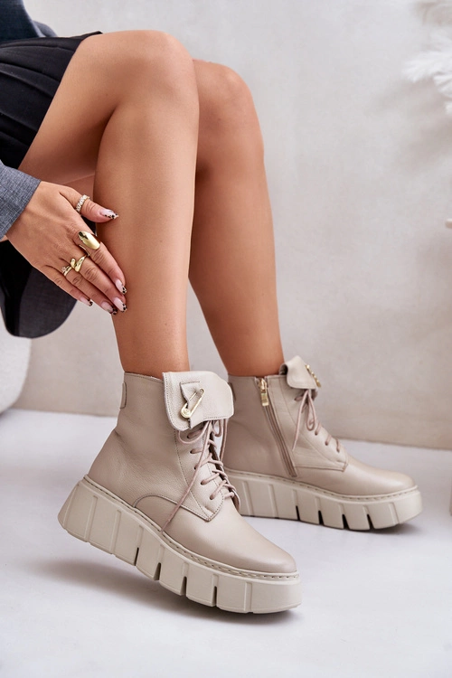 Zazoo 60511 Skórzane Botki Damskie Na Platformie Ocieplane Beżowe