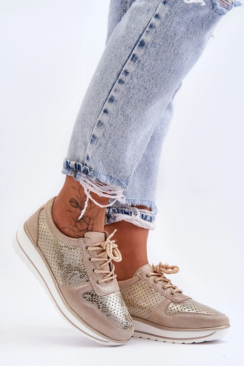 Skórzane Buty Sportowe Z Perforacją S.Barski AL22246 Złote