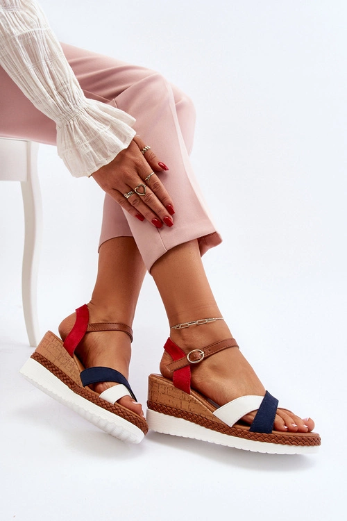 Sandały Na Koturnie Z Paskami Biało-Granatowe Kioda