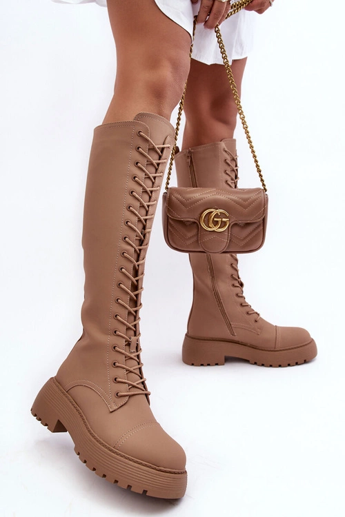 Sznurowane Ocieplane Kozaki Glany Przed Kolano Ciemnobeżowe Bergdis