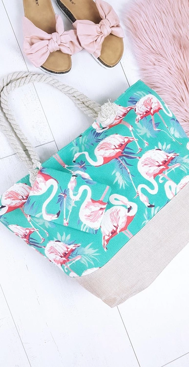 Plażowa Duża Miętowa Torebka Torba Damska Flamingi