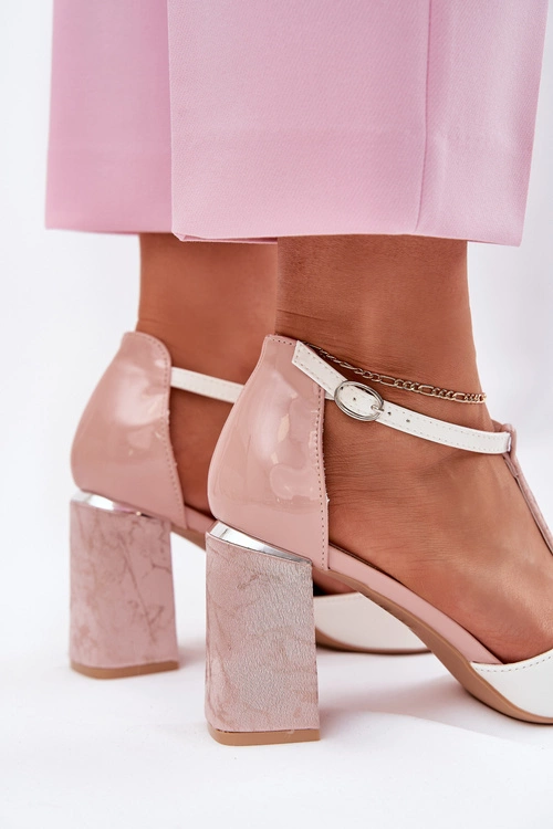 Lakierowane Sandały Damskie Na Słupku Vinceza 20276 Różowo-Białe