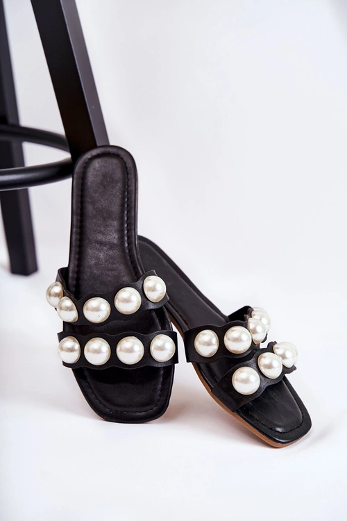 Damskie Skórzane Klapki Z Ozdobnymi Perełkami Czarne Lasello