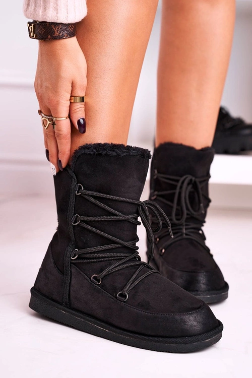 Damskie Botki Śniegowce Ocieplane Futerkiem Czarne Ilana