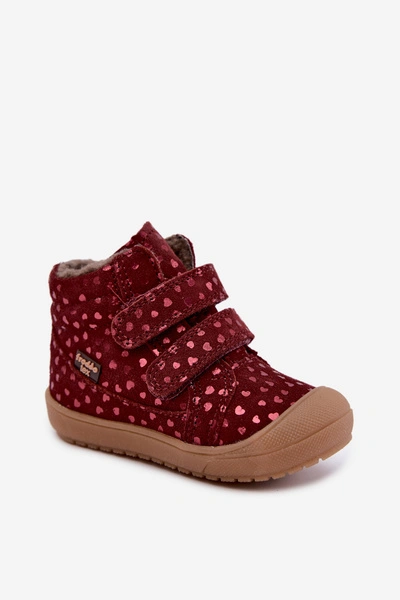 Skórzane Zamszowe Buty Zimowe Dziecięce W Serduszka Froddo G2110138-28 Bordowe