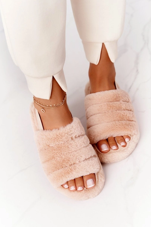 Futrzane Papcie Na Platformie Beżowe Snowflake