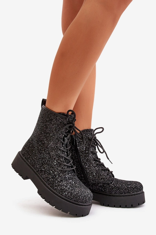 Ocieplane Botki Workery Damskie Ozdobione Cekinami Czarne Liatheine