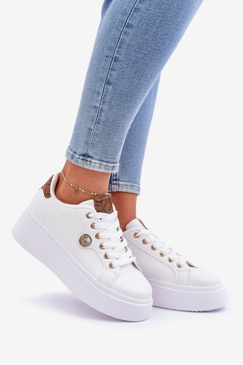 Eko Skórzane Sneakersy Na Platformie Ze Złotym Detalem Biało-Brązowe Zingie