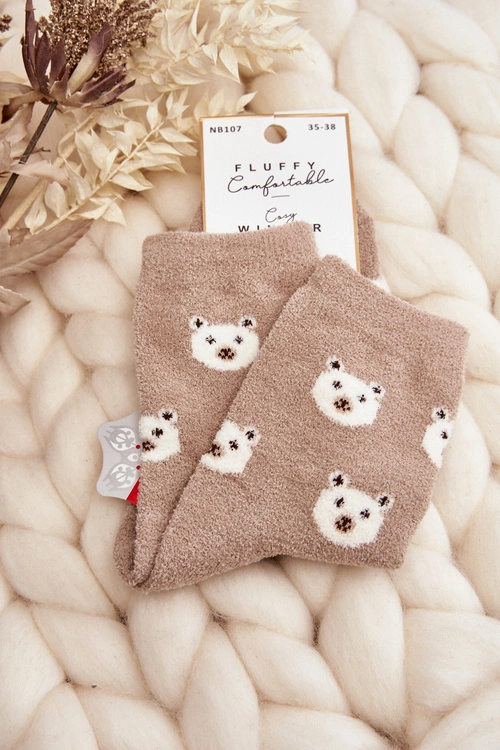 Damskie Ciepłe Skarpety W Kropki Z Misiem Beżowe