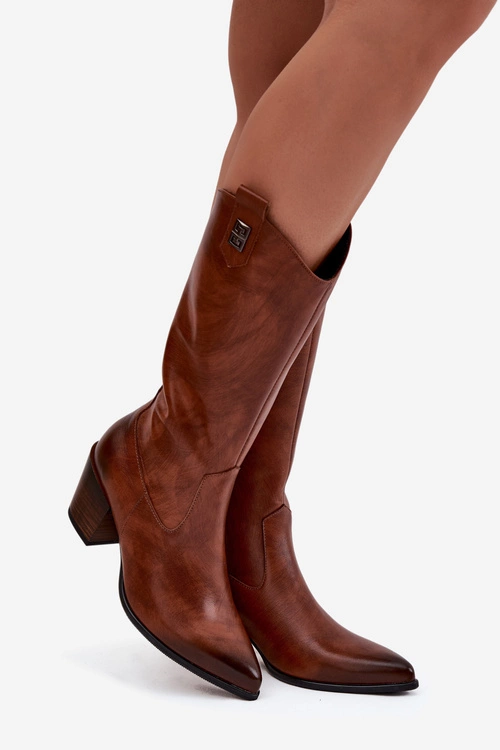 Skórzane Kozaki Kowbojki Na Obcasie Ocieplane Zazoo 70155 Brązowe