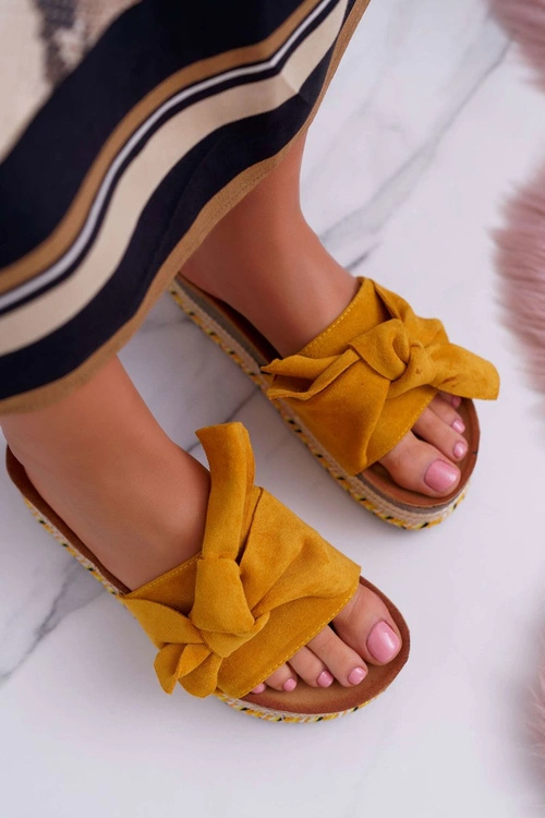 Klapki Damskie Na Platformie Z Kokardą Żółte Chantal