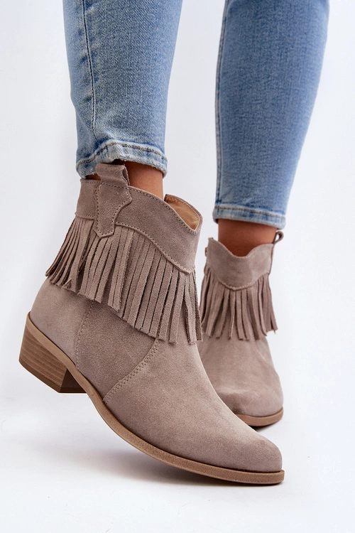 Zazoo 3430 Zamszowe Botki Damskie Z Frędzlami Cappucino