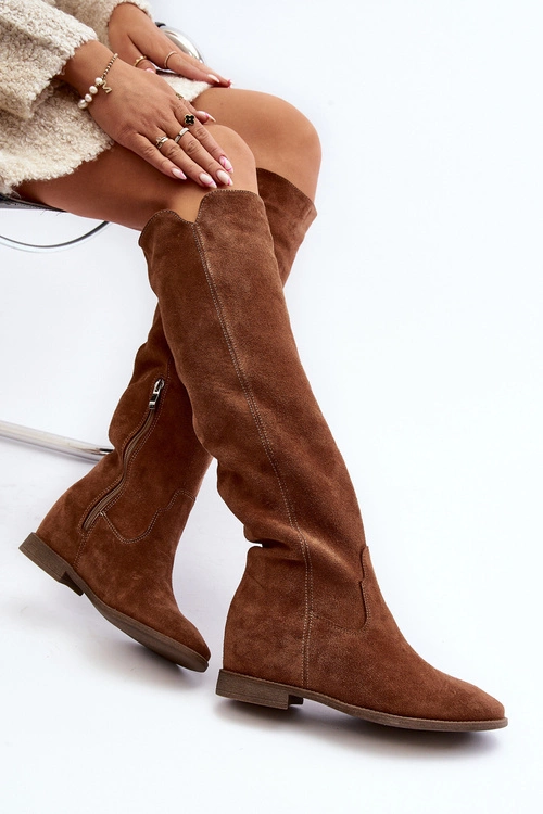 Zazoo 3407 Zamszowe Kozaki Do Kolana Na Płaskim Obcasie Camel