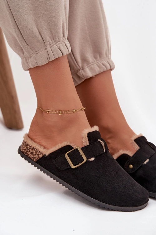 Klapki Chodaki Damskie Ocieplane Futerkiem Z Klamrą Czarne Sylisse