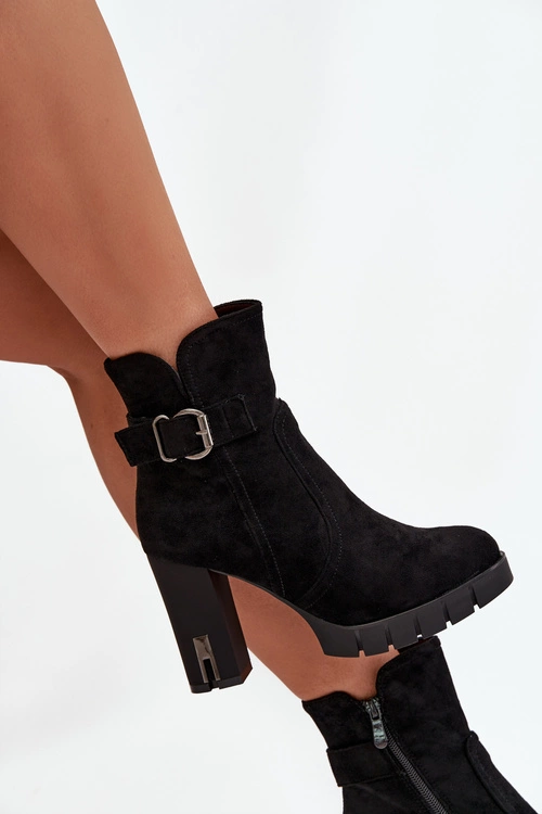 Botki Damskie Na Słupku Z Klamrą Ocieplane Czarne Selisse