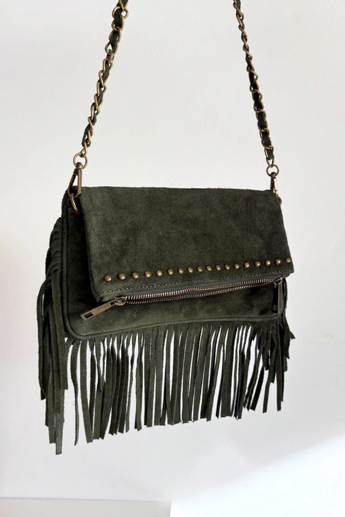 Zamszowa Torebka Z Frędzlami Na Łańcuszku Ciemnozielona Narella