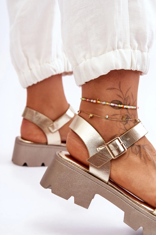 Damskie Skórzane Sandały Z Ozdobą Złote Emori