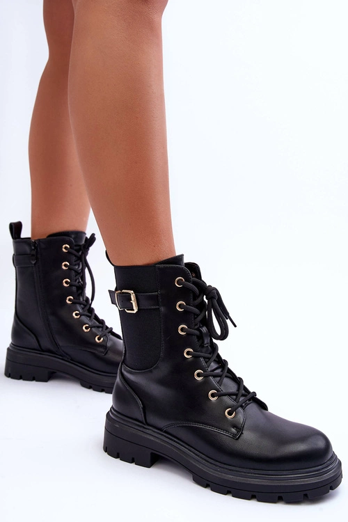 Skórzane Damskie Botki Workery Czarne Chrezy