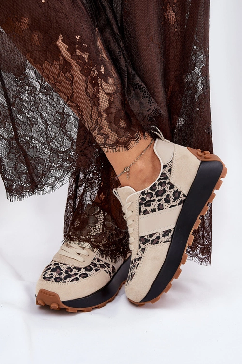 Zamszowe Sneakersy Damskie Na Platformie Panterka Vinceza 66793 Beżowe