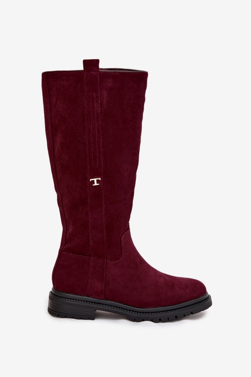 Kozaki Damskie Ocieplane Na płaskim Obcasie Eko Zamszowe Bordowe Delyssa