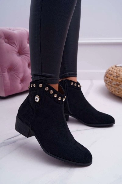 Botki Damskie Płaski Obcas Kowbojki Z Cyrkoniami Czarne Patti