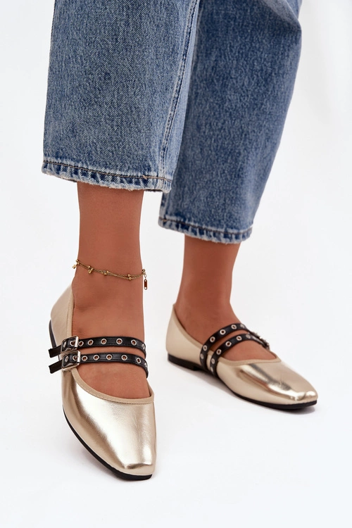 Baleriny Damskie Z Paskami Złote Deliora