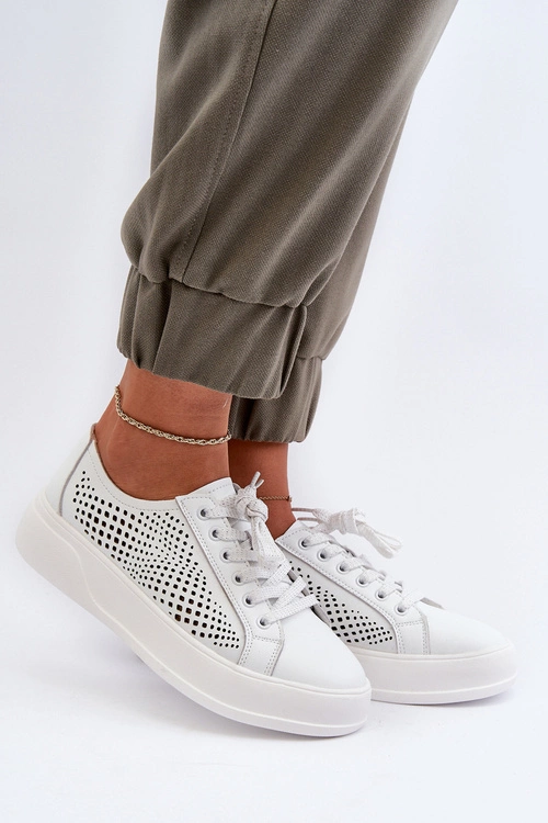 Skórzane Sneakersy Damskie Na Platformie Białe S.Barski LR505