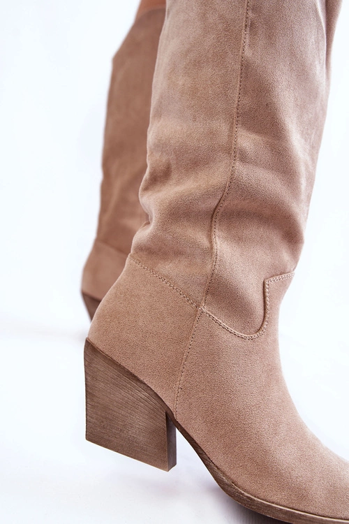 Damskie Zamszowe Kozaki Kowbojki Beżowe Alaina