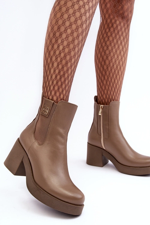 Skórzane Damskie Botki Na Obcasie Lemar Brązowe Kodra