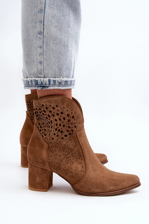 Zazoo 3166 Damskie Ażurowe Botki Na Obcasie Zamszowe Camel