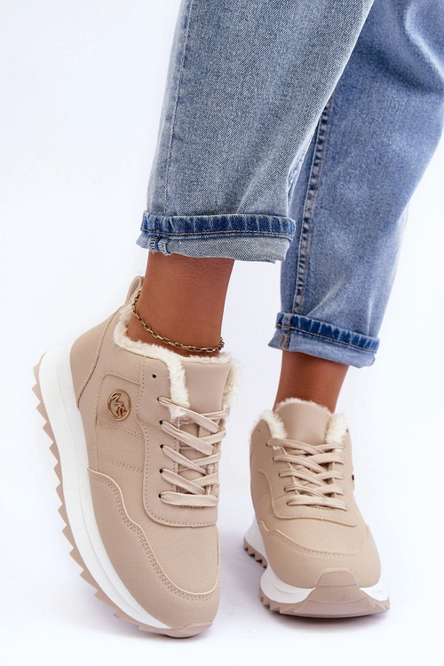 Ocieplane Skórzane Buty Sportowe Na Platformie Beżowe Adite