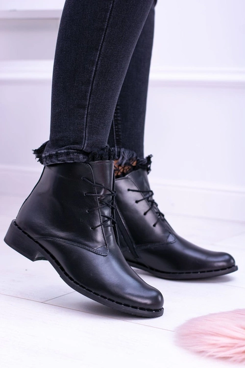 Ocieplane Skórzane Czarne Damskie Botki Z Koronką Millano