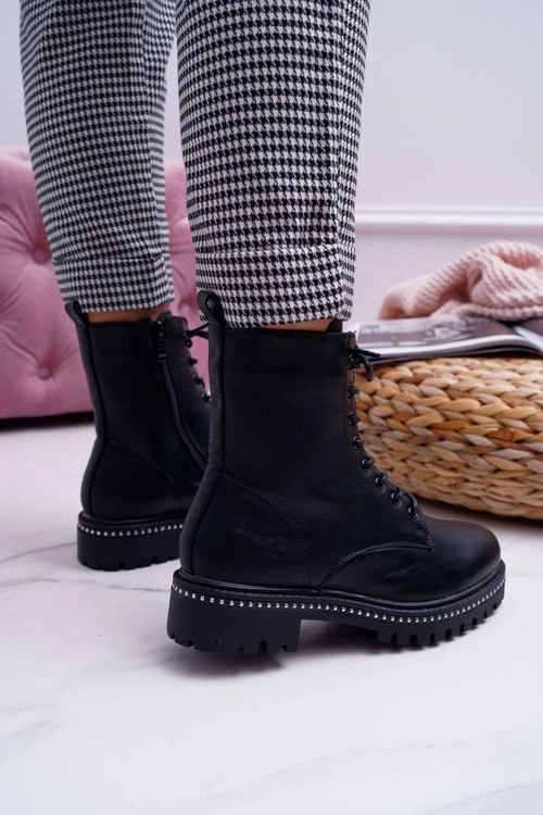 Botki Damskie Płaski Obcas Wysokie Glany Czarne Hippe