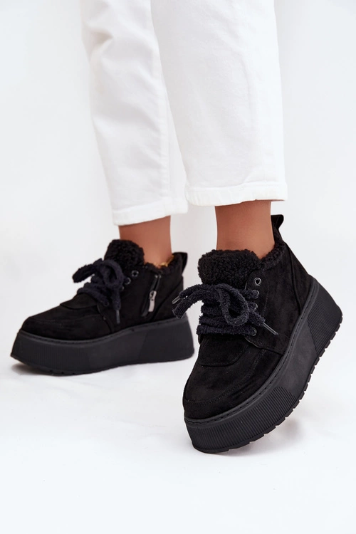 Śniegowce Damskie Na Platformie Z Futerkiem Typu Baranek Czarne Luma