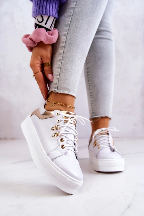 Skórzane Buty Sportowe Na Platformie Białe Mary Ann