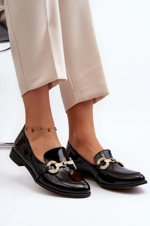 Zazoo 2880 Damskie Mokasyny Lakierowane Z Ozdobą Czarne