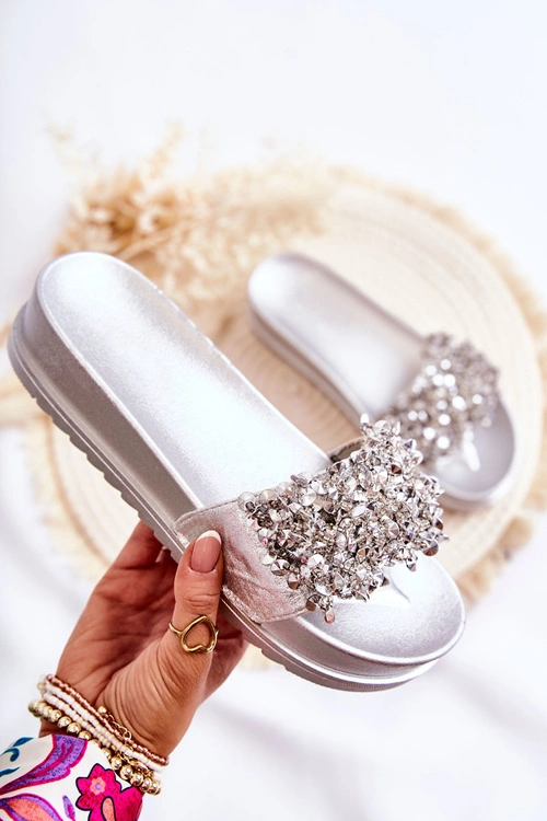 Damskie Klapki Na Platformie Z Ozdobami Srebrne Almina