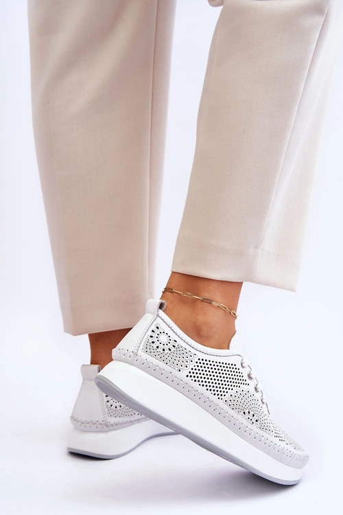 Damskie Skórzane Ażurowe Buty Sportowe Białe Marea