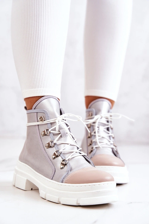 Botki Trapery Skórzane Srebrne Letty