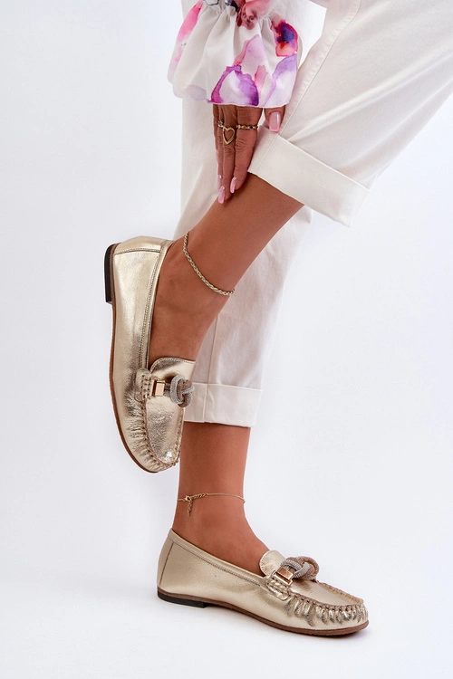 Skórzane Mokasyny Damskie Z Ozdobą Laura Messi 2761 Złote