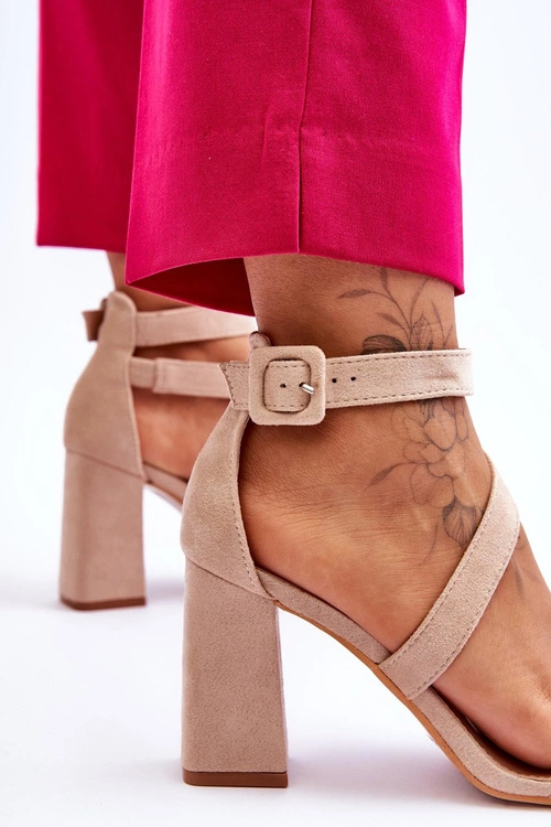 Damskie Zamszowe Sandały Na Obcasie Beżowe Lanes