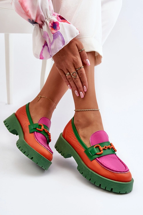 Mokasyny Skórzane Damskie Z Ozdobą CheBello 4444 Pomarańczowe