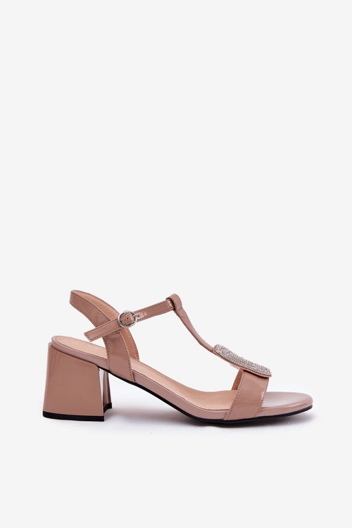 Skórzane Lakierowane Sandały Damskie Na Słupku Z Ozdobą Vinceza 91134 Beżowe