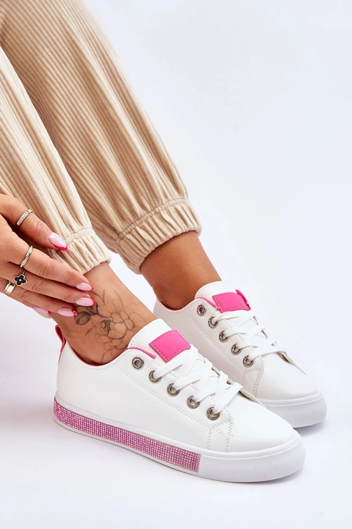 Niskie Trampki Damskie Z Dżetami Biało-Różowe Demira