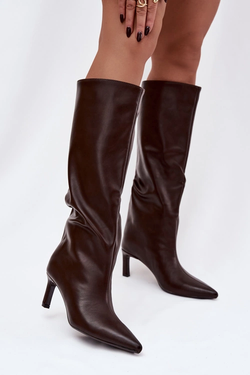 Kozaki Damskie Wsuwane Na Szpilce Z Przeszyciem Czekoladowe Olyvia