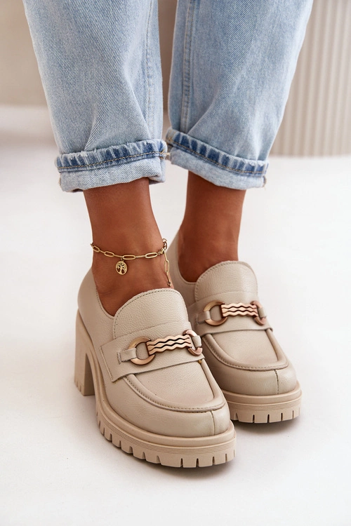 Zazoo 20175 Półbuty Damskie Na Słupku Skóra Naturalna Jasnobeżowe