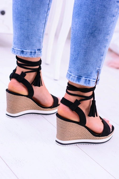 Damskie Czarne Sandały Na Koturnie Platter