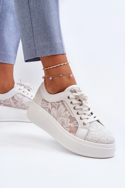 Koronkowe Sneakersy Damskie Na Platformie S.Barski HY51-059 Białe